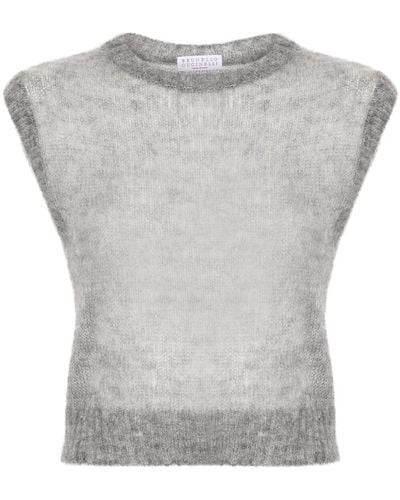 Brunello Cucinelli Mohair Wool Short Sleeves Sweater - Gray