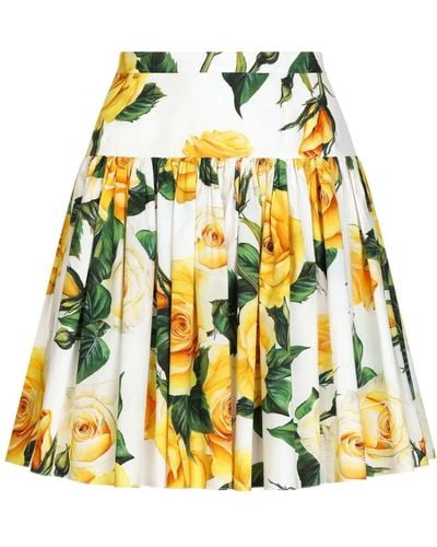Dolce & Gabbana Short Circle Skirt In Yellow Rose-print Cotton