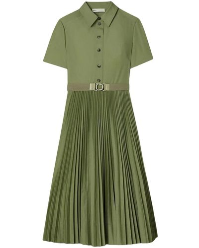 Tory Burch Popline Pleated Shirt Dress - Verde