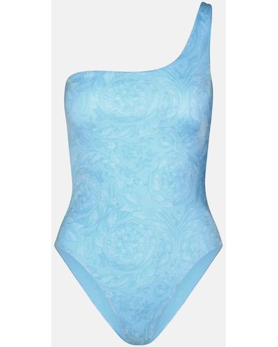 Versace Asymmetric 'barocco' One-piece Swimsuit In Polyeste - Blue