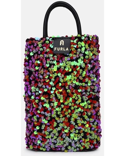 Furla Camellia Phone Bag In Fabric Adorned With Multicolor Sequins - White