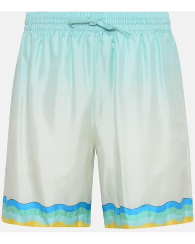 Casablancabrand Blue Silk Memphis Bermuda Shorts - White