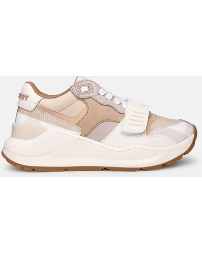 Burberry Leather, Nylon And Check Sneakers - Natural