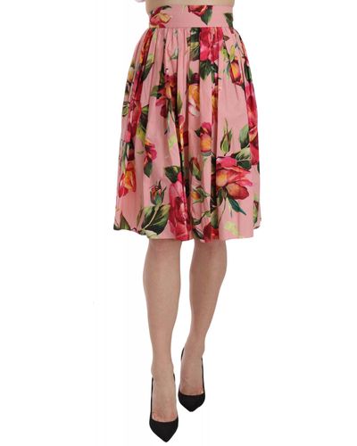 Dolce & Gabbana Rose Print Flare Cotton Skirt - Red
