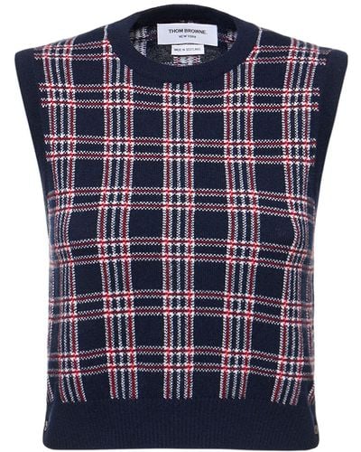 Thom Browne Checked Cashmere Knit Cropped Vest - Blue