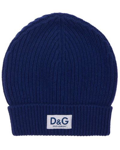 Dolce & Gabbana Beaniemütze Aus Wollstrick Mit D&g-logopatch - Blau