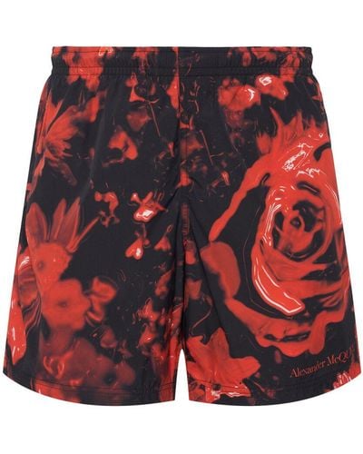 Alexander McQueen Wax Floral Print Nylon Swim Shorts - Red