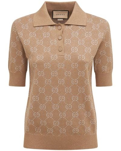 Gucci Cotton Jacquard Lamé Logo Knit Polo Top - Brown