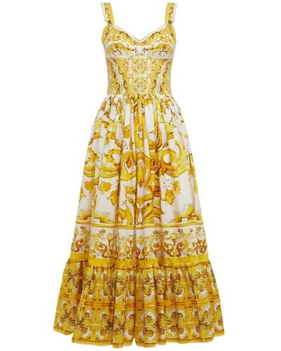 Dolce & Gabbana Maiolica Printed Poplin Midi Dress - Yellow