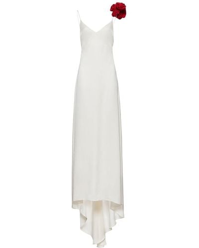 Magda Butrym Satin Silk Long Dress W/ 3D Rose Detail - White