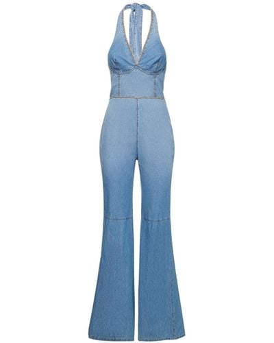 Ermanno Scervino Embroidered Halter Neck Cotton Jumpsuit - Blue