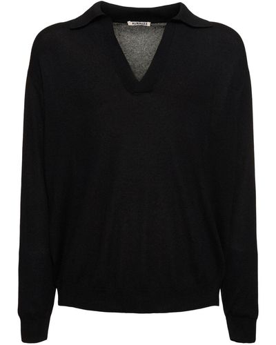 AURALEE Silk & Cashmere Knit Polo - Black