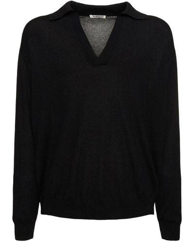 AURALEE Silk & Cashmere Knit Polo - Black