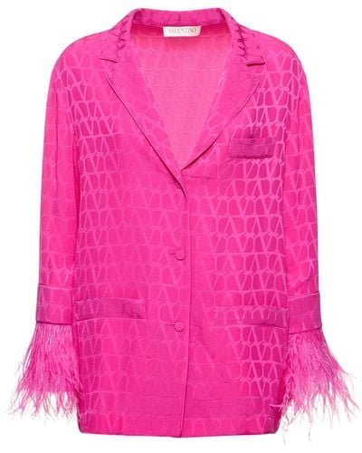 Valentino Logo Jacquard Silk Shirt W/feathers - Pink