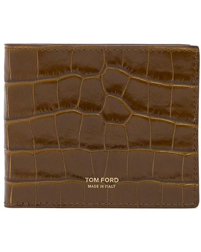 Tom Ford Shiny Croc Embossed Bifold Wallet - Brown