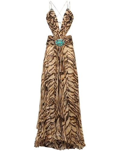 Roberto Cavalli Tiger Print Chiffon Cutout Long Dress - Metallic