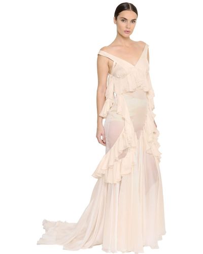 Francesco Scognamiglio Ruffled Sheer Silk Chiffon Long Dress - Natural
