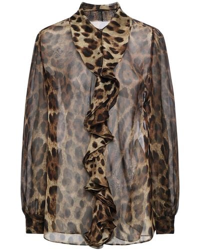 Dolce & Gabbana Leopard Print Ruffled Silk Chiffon Shirt - Brown