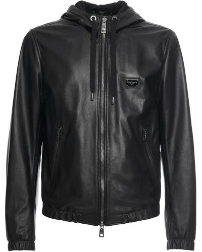 Dolce & Gabbana Leather Jacket With Hood And Branded Tag - Black