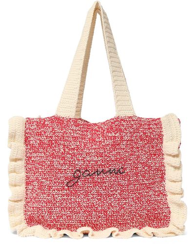 Ganni Cotton Crochet Ruffled Tote Bag - Pink