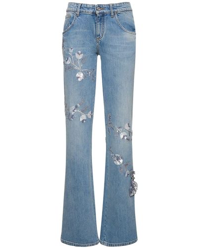 Blumarine Denim Straight Jeans W/Flowers - Blue