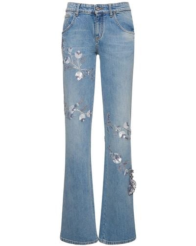 Blumarine Jean droit en denim détail fleurs - Bleu