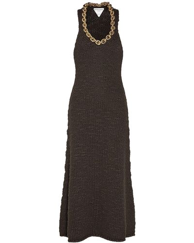 Bottega Veneta Wool Knit Sleeveless Midi Dress W/Chain - Brown