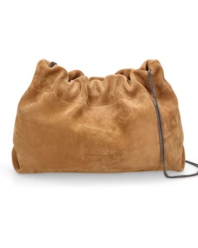 Brunello Cucinelli Soft Velour Leather Shoulder Bag - Brown