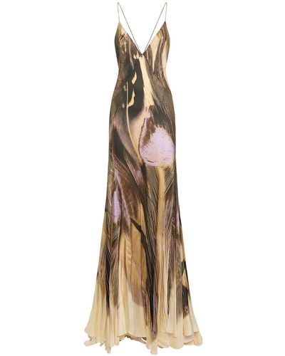 Roberto Cavalli Printed Viscose Satin Long Dress - Natural