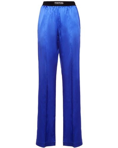 Tom Ford Pantalon de pyjama en satin de soie à logo - Bleu
