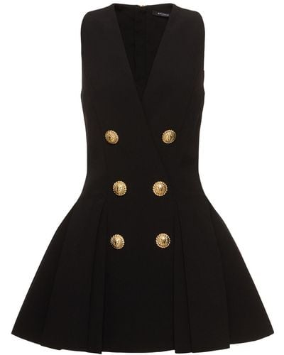 Balmain Pleated Crepe V-Neck Mini Dress - Black