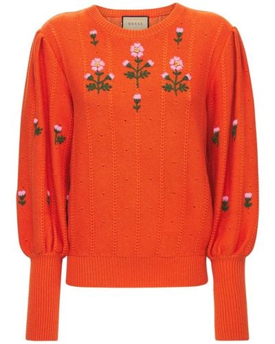 Gucci Pullover aus Woll Baumwollstrick mit Blumen Stickerei - Orange