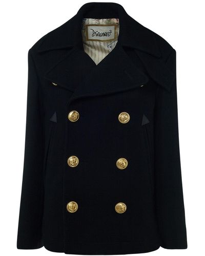 DSquared² Felted Wool Double Breasted Peacoat - Black