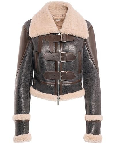 Blumarine Leather Shearling Short Jacket W/buckles - Black