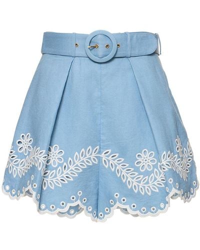 Zimmermann Junie Embroidered Linen Shorts - Blue