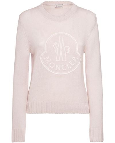 Moncler Embroidered Logo Wool Blend Sweater - Pink
