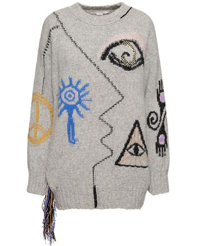 Stella McCartney Pull-over en maille de laine mélangée folk artwork - Gris