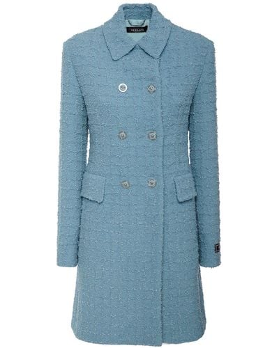 Versace Zweireihiger Mantel Aus Tweed - Blau