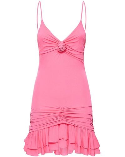 Blumarine Jersey Draped Mini Dress W/Rose Appliqué - Pink
