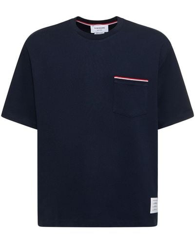 Thom Browne Cotton Jersey T-Shirt W/ Striped Trim - Blue