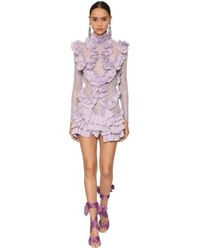 RAISA & VANESSA Pleated & Ruffled Mini Dress W/ Lace - Purple