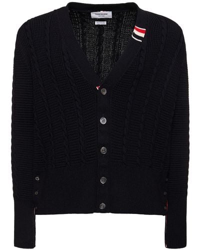 Thom Browne Cable Knit Relaxed V Neck Cardigan - Blue