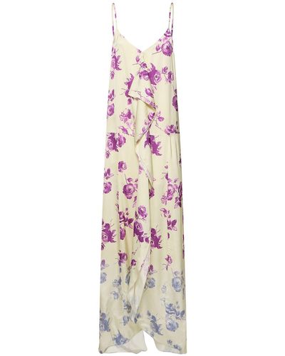 Jil Sander Rose Print Viscose Satin Long Dress - White