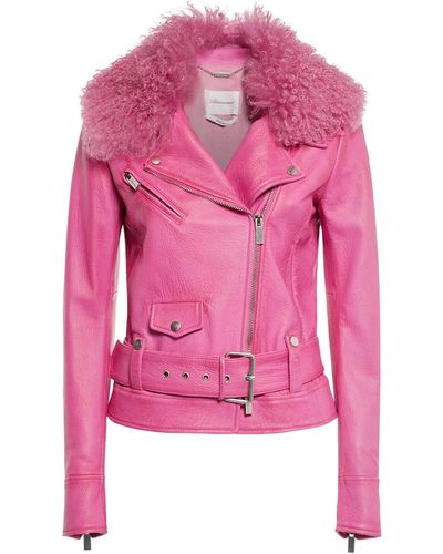 Blumarine Belted Leather Jacket W/ Fur Collar - Pink