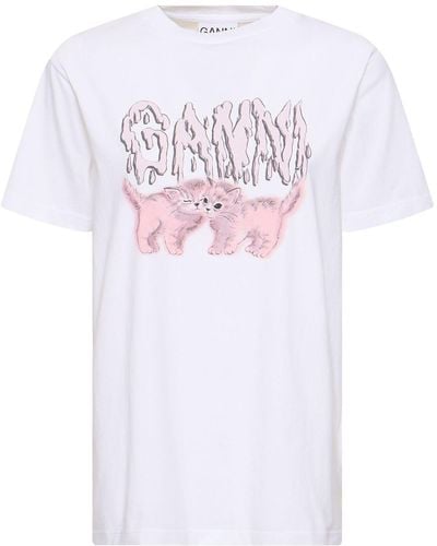 Ganni T-shirt Aus Baumwolljersey "cats" - Weiß