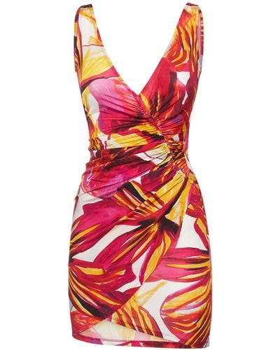 Louisa Ballou Summer Solstice Wrap-effect Ruched Printed Stretch-jersey Mini Dress - Pink