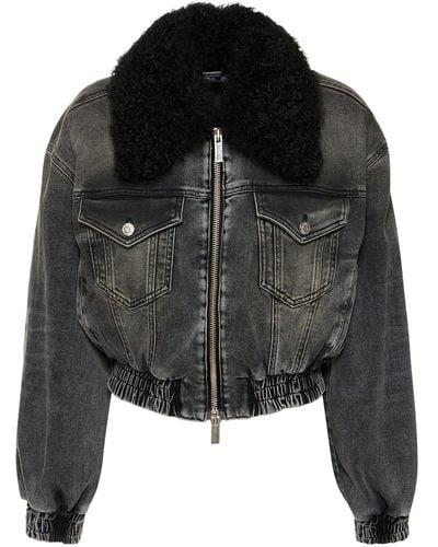 Blumarine Denim Crop Jacket W/ Faux Fur Collar - Black