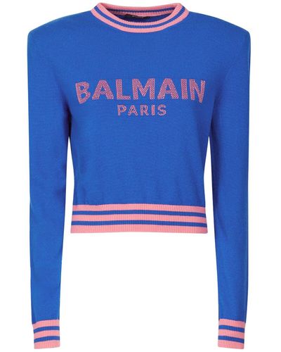 Balmain ウールブレンドニットクロップセーター - ブルー