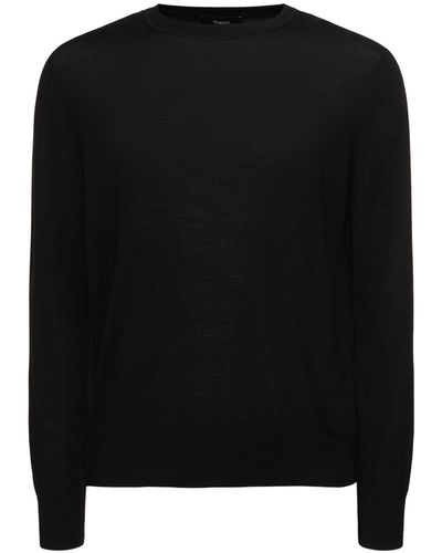 Theory Pull-over en maille de laine mélangée à col rond - Noir