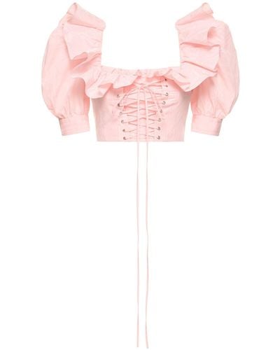 Alessandra Rich Ruffled Moiré Crop Top W/ Lace Up - Pink